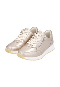 Metallisch goldene Sneaker mit glatter Oberfläche, ausgestattet mit Schnürverschluss, seitlichem Reißverschluss und durchbrochenen Details an der Zehenpartie. Gummisohle.