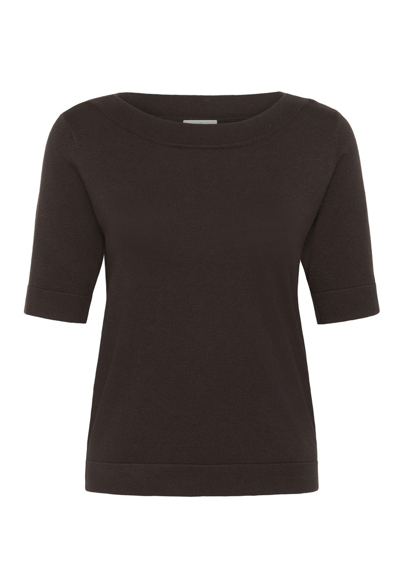 Top en maille marron foncé à manches courtes avec un large col rond et un ourlet droit, présenté sur un fond blanc.