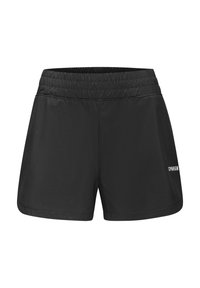 Zwarte sportieve shorts met een elastische tailleband, een gladde textuur en een logo aan de onderkant. Heeft een relaxte pasvorm en zijnaad.