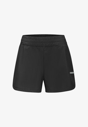 Mustad mustad lühikesed püksid elastse vöökoha, siledat tekstuuri ja logoga alumisel küljel. Omavad lõdva istuvust ja külgõmblusi.