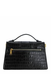 Sac à main en cuir noir avec une texture gaufrée crocodile, fermeture à zip doré et une poignée supérieure pour le transport.