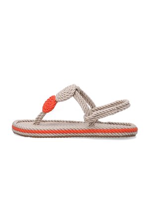 Rope sandals featuring beige and orange accents, with a textured surface, braided straps, and a flat sole design.