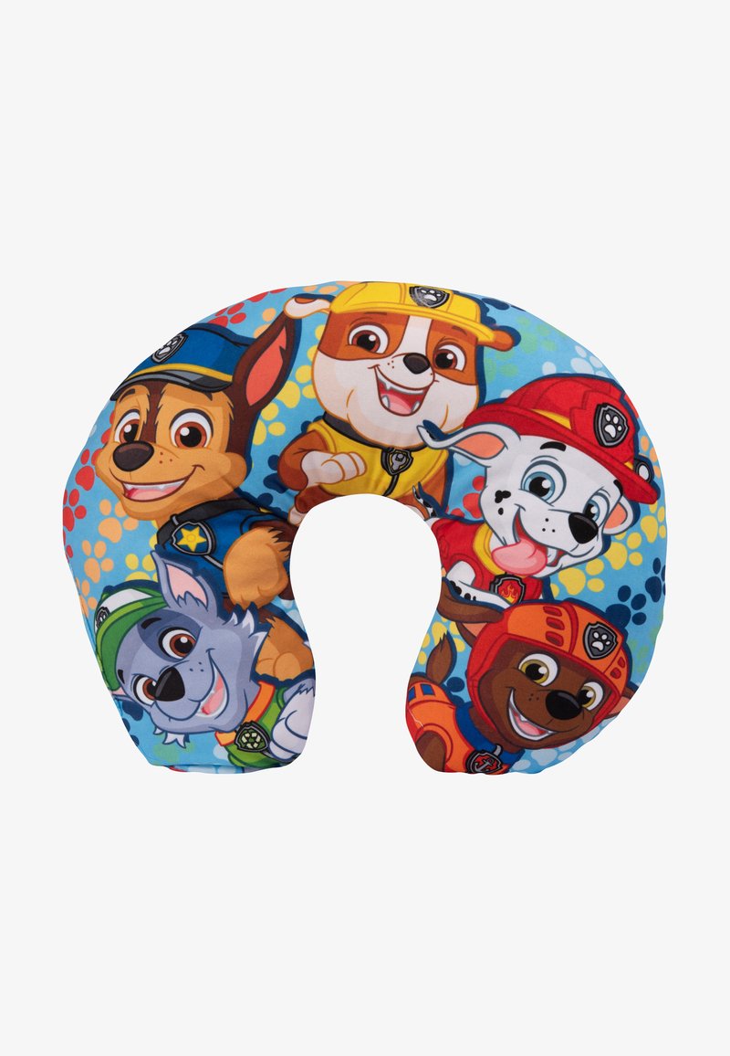 Cuscino per il collo con personaggi di cani dei cartoni animati colorati su uno sfondo blu con un motivo a pois, tessuto morbido, design a U.