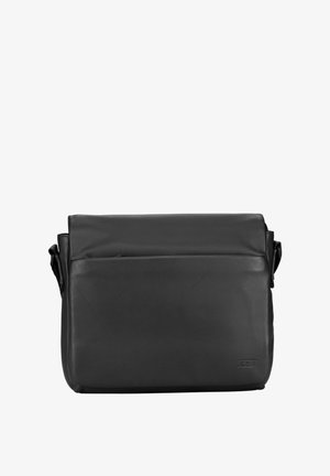 Black leather messenger bag with a flat design, front pocket, adjustable shoulder strap, and subtle branding on the lower right.