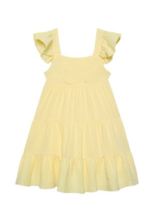 Vestito giallo chiaro senza maniche con spalline arricciate e gonna a balze, svasata, realizzato in tessuto leggero e strutturato.