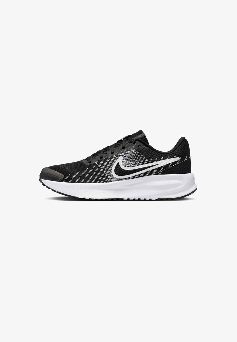 Chaussure de course noire avec le logo Nike blanc et des lignes diagonales, semelle blanche amortissante et semelle extérieure noire visible de profil.