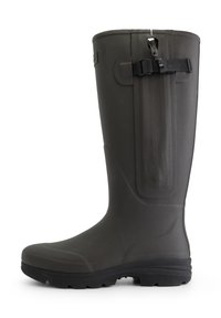 Zwarte waterproof rubberen laars met een gestructureerd oppervlak, een zijrits en een verstelbare band voor de pasvorm. Platte zool met een profiel onderaan.