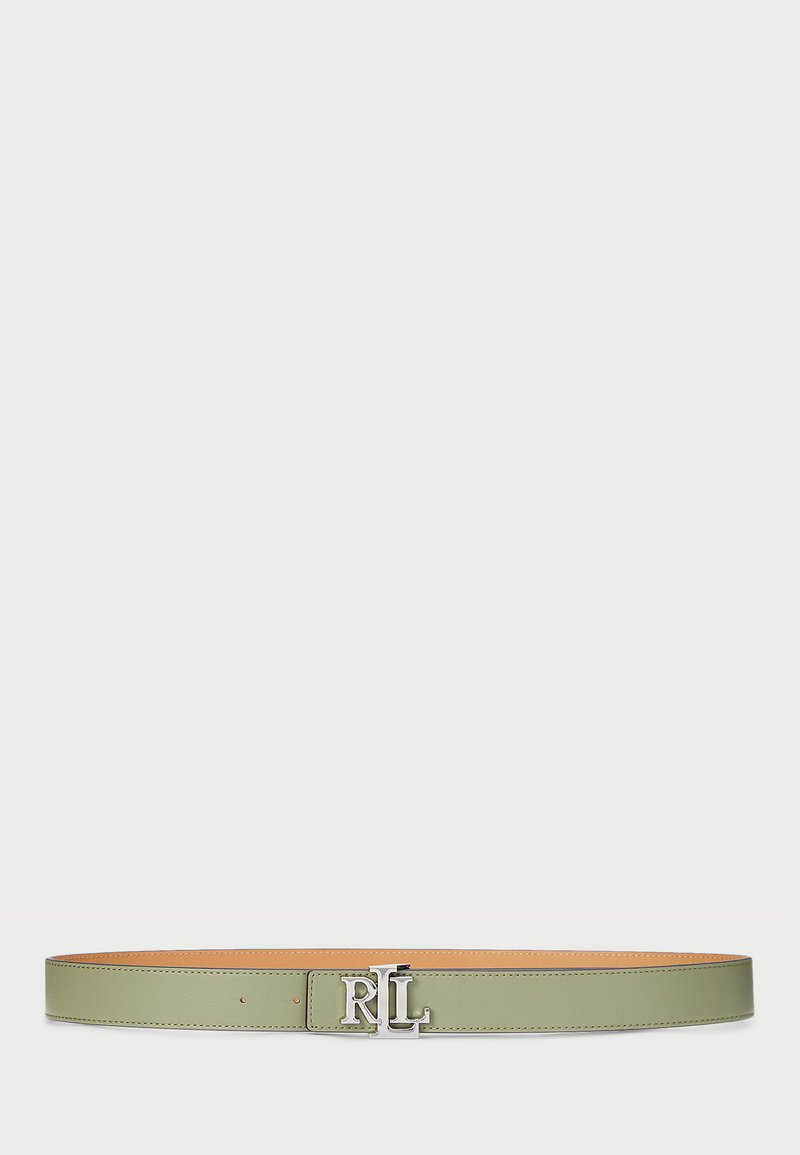 Light green leather belt with a smooth finish, featuring a silver RL logo buckle and contrasting tan inner lining.