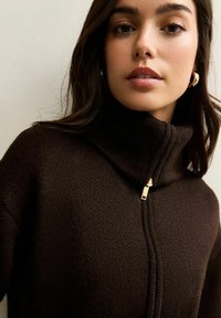 Brązowy sweter na zamek z wysokim kołnierzem, wykonany z teksturowanej dzianiny, z złotym akcentem zamka. Dopasowany blisko szyi.