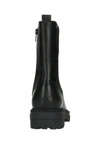 Zwarte leren enkellaars met een getextureerd oppervlak, ritssluiting aan de zijkant, trekriempje en een robuust zool. Ontworpen voor duurzaamheid en comfort.