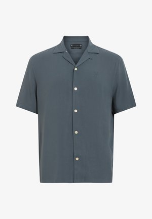 Kurzarm-Hemd mit Knopfleiste aus dunkelgrauem Stoff. Verfügt über einen Camp-Kragen, hellfarbige Knöpfe und ein dezentes gesticktes Logo auf der Brust.