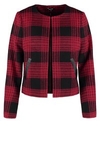 Veste à manches longues à carreaux rouges et noirs avec encolure ronde et poches avant bordées de noir, design à ouverture devant.