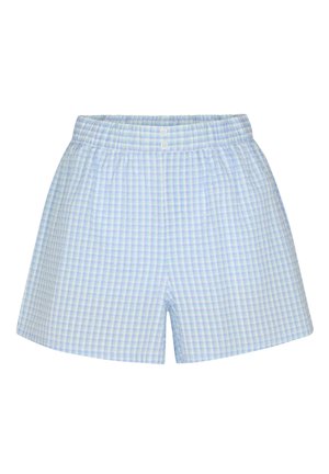 Hellblaue und weiße karierten Baumwollshorts mit elastischem Bund und zwei weißen Knöpfen vorne.