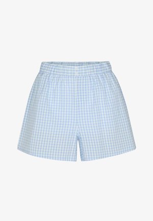 Hellblaue und weiße karierten Baumwollshorts mit elastischem Bund und zwei weißen Knöpfen vorne.
