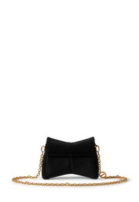 Borsa a tracolla in suede nero a forma di fiocco, con superficie testurizzata e tracolla in catena dorata. Accentuata da cuciture sottili.