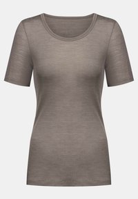Short-sleeve ribbed t-shirt in a muted taupe color, featuring a crew neck and a smooth texture. Simple design with no additional accents.