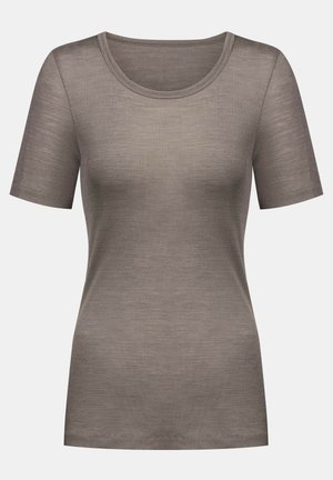Korte mouw ribbed t-shirt in een gedempt taupe kleur, met een ronde hals en een gladde textuur. Eenvoudig ontwerp zonder extra accenten.
