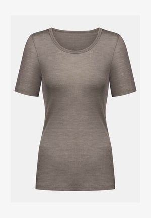 Korte mouw ribbed t-shirt in een gedempt taupe kleur, met een ronde hals en een gladde textuur. Eenvoudig ontwerp zonder extra accenten.