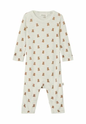 Un body blanc avec un motif répété d'ours en peluche marron, des manches longues, un col rond et des pressions au bas pour des changements faciles.