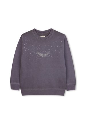 Paarse sweatshirt met een ronde hals, lange mouwen en een decoratief kristallen vleugelpatroon aan de voorkant. Zachte textuur met geribbelde manchetten.