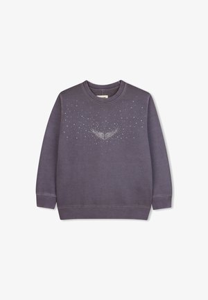 Paarse sweatshirt met een ronde hals, lange mouwen en een decoratief kristallen vleugelpatroon aan de voorkant. Zachte textuur met geribbelde manchetten.