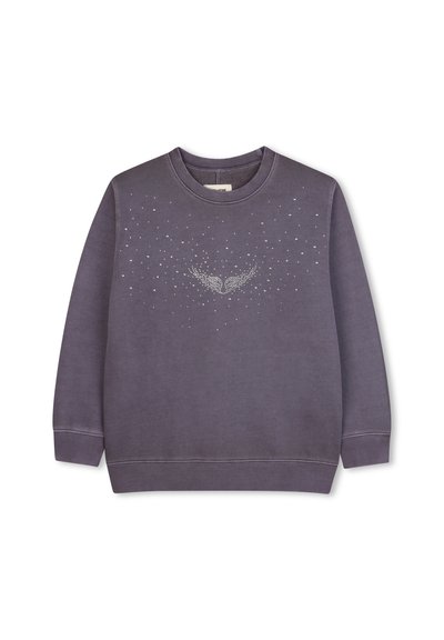 Lilla sweatshirt med rund hals, lange ærmer og et dekorativt krystalvingemønster på forsiden. Blød tekstur med ribbede mansjetter.