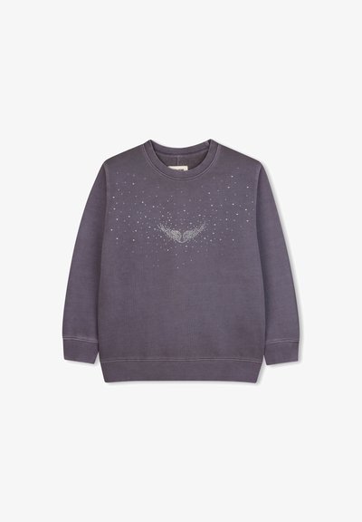 Paarse sweatshirt met een ronde hals, lange mouwen en een decoratief kristallen vleugelpatroon aan de voorkant. Zachte textuur met geribbelde manchetten.