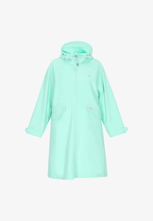 Impermeable de color turquesa claro con capucha, cremallera frontal completa, bolsillos con solapa y correas ajustables en los puños, exhibido sobre un fondo blanco.