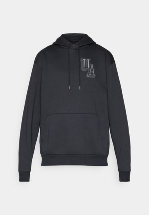 Black hooded sweatshirt with a front pocket, featuring a textured "UA" logo on the chest and drawstrings at the neck. Soft fabric.