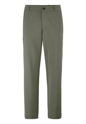 Olivgrüne Hosen aus weichem Material mit geradem Bein, ausgestattet mit einem Knopfverschluss und schrägen Seitentaschen.