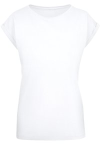 Weißes Kurzarm-T-Shirt mit rundem Halsausschnitt. Aus weichem Stoff gefertigt, mit umgeschlagenen Ärmeln und taillierter Silhouette.