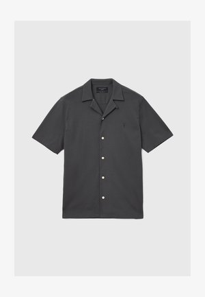 Short-sleeve button-up shirt in dark gray fabric. Features a classic collar, beige buttons, and a subtle logo on the left chest.