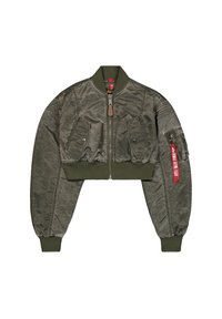 Skraćena bomber jakna u maslinasto zelenoj boji, s patentnim zatvaračem, dva prednja džepa, rebrastim manžetama i crvenom oznakom. Teksturedna tkanina.