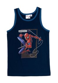 Navy blue tank top made of cotton with Spiderman graphic, featuring bold colors and comic-style speech bubble saying "MEANWHILE..."