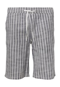 Shorts rayés en gris et blanc, fabriqués en tissu texturé. Présentent une taille élastique avec un cordon de serrage et une coupe droite.