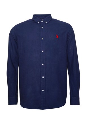 Camicia a maniche lunghe blu navy in cotone con colletto button-down. Presenta un logo ricamato rosso e bottoni bianchi lungo la parte frontale.