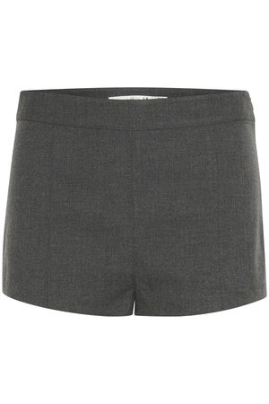 Hallitatud hallid lühikesed püksid, mis on valmistatud tekstureeritud kangast, sirge lõike ja lame vöökoht, ilma taskute või kaunistusteta.