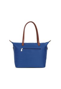 Borsa a tracolla in nylon blu con manici in pelle marrone, tasca esterna con zip e texture liscia. Presenta un design minimalista e un interno spazioso.