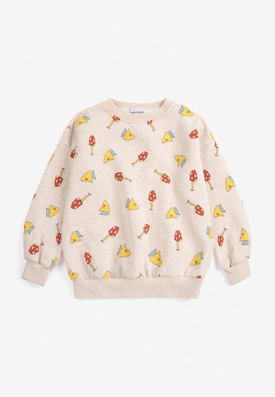 Sweat-shirt beige pour enfants avec motifs gribouillés de champignons et de fromage rouges et jaunes, poignets, encolure et ourlet côtelés.