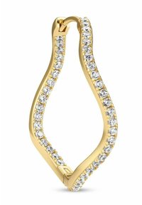 Orecchino a cerchio in oro con design ondulato, adornato da gemme rotonde e trasparenti incastonate lungo il bordo, che mette in risalto una finitura lucida.