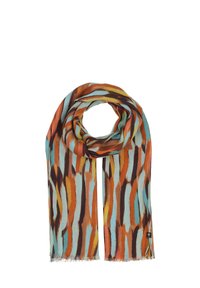 Scarf multicolore con audaci motivi a pennellate in arancione, marrone e teal; tessuto leggero con bordi frangiati.
