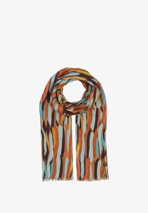 Scarf multicolore con audaci motivi a pennellate in arancione, marrone e teal; tessuto leggero con bordi frangiati.