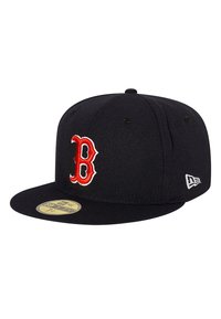 Black flat-brim baseball cap made of fabric, features red embroidered "B" logo on front, includes a yellow size sticker on the visor.