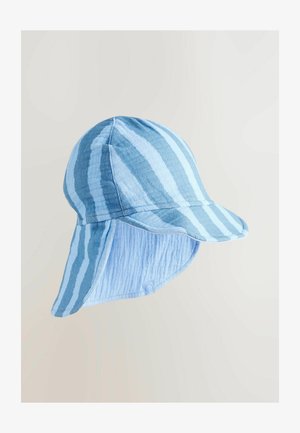 Plavi šešir s trakama izrađen od lagane tkanine, širokog oboda i flapovima za zaštitu vrata. Imaizmjenične svijetle i tamne pruge.