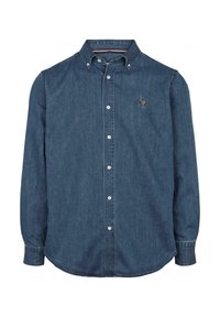 Camisa de mezclilla de botones en azul oscuro, con cuello abotonado, mangas largas y un pequeño logo bordado en el pecho.