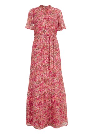 Rochie midi florală în nuanțe de roz, cu modele abstracte. Prezintă mâneci scurte, un decolteu pliat și un brâu legat la talie.