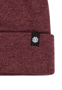 Maroon beanie hat with a textured knit pattern and a black label featuring a white logo located on the side. Folded brim design.