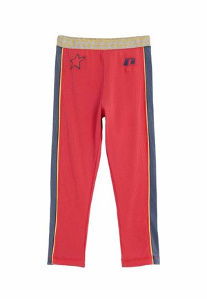 Rote Kinderleggings mit blauen Seitenteilen, gelber Paspelierung, einem grauen Bund mit gelben Punkten sowie Stern- und Logoaufdrucken auf der Vorderseite.