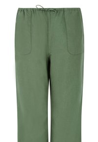 Groene, lichtgewicht stoffen broek met een elastische tailleband en een trekkoord. Heeft twee zijzakken en een rechte pijpdesign.