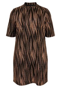 Sukienka z krótkim rękawem w kolorze czarnym i brązowym, z wysokim kołnierzem i abstrakcyjnym wzorem zygzaka na teksturowanej tkaninie.